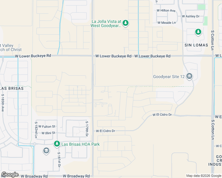 map of restaurants, bars, coffee shops, grocery stores, and more near 17744 West Pioneer Street in Goodyear