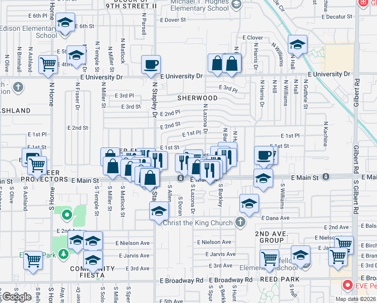 map of restaurants, bars, coffee shops, grocery stores, and more near 1320 East Pepper Place in Mesa