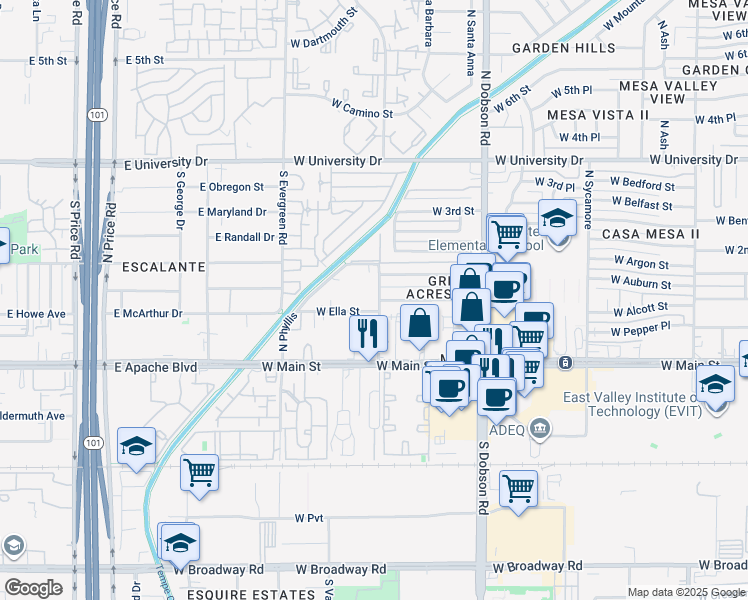 map of restaurants, bars, coffee shops, grocery stores, and more near 116 North May in Mesa