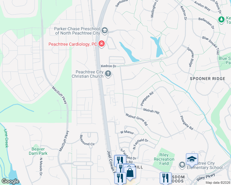 map of restaurants, bars, coffee shops, grocery stores, and more near 127 Denham Square in Peachtree City