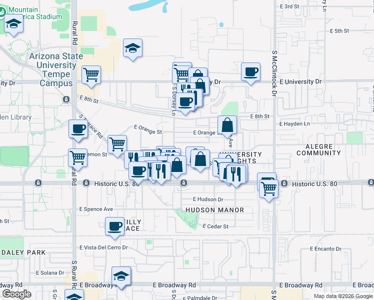 map of restaurants, bars, coffee shops, grocery stores, and more near 1318 East Lemon Street in Tempe