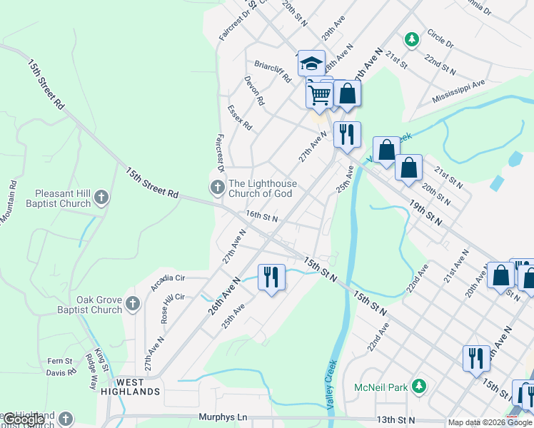map of restaurants, bars, coffee shops, grocery stores, and more near 2605 16th Street North in Hueytown