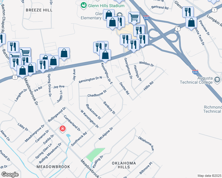 map of restaurants, bars, coffee shops, grocery stores, and more near 3404 Chadborne Street in Augusta