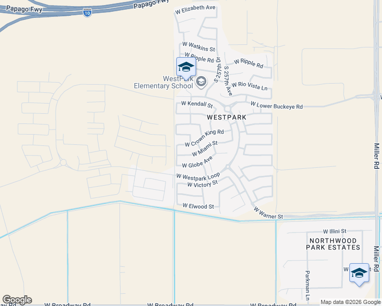 map of restaurants, bars, coffee shops, grocery stores, and more near 25824 West Miami Street in Buckeye