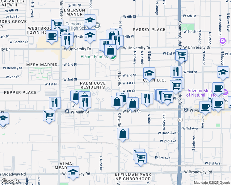 map of restaurants, bars, coffee shops, grocery stores, and more near 108 North Extension Road in Mesa