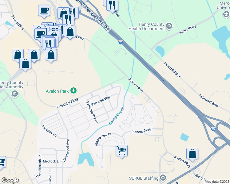 map of restaurants, bars, coffee shops, grocery stores, and more near 408 Parkside Way in McDonough