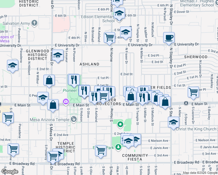 map of restaurants, bars, coffee shops, grocery stores, and more near 785 E 1st St in Mesa