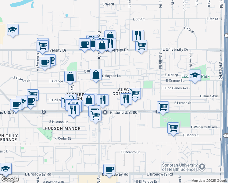map of restaurants, bars, coffee shops, grocery stores, and more near 1835 East Don Carlos Avenue in Tempe