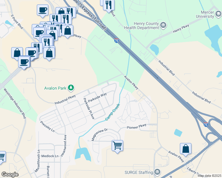 map of restaurants, bars, coffee shops, grocery stores, and more near 404 Parkside Way in McDonough