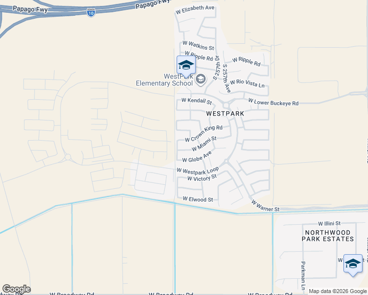 map of restaurants, bars, coffee shops, grocery stores, and more near 25852 West Miami Street in Buckeye