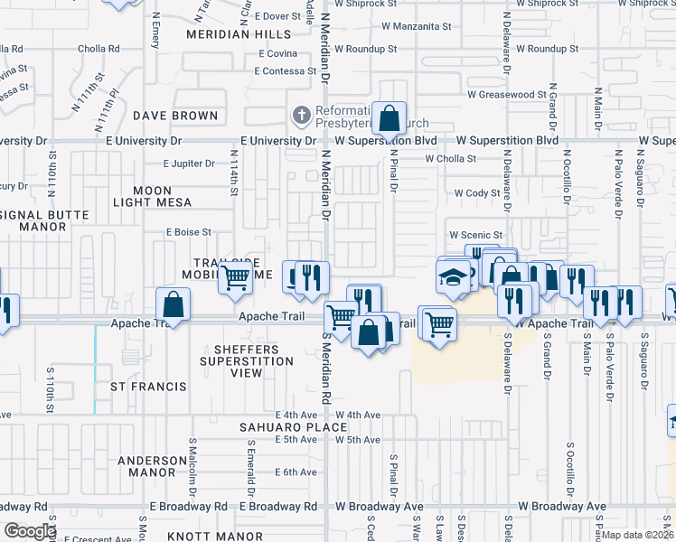 map of restaurants, bars, coffee shops, grocery stores, and more near 351 North Meridian Drive in Apache Junction