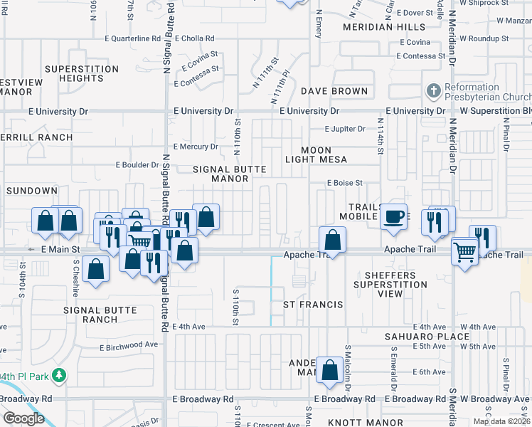 map of restaurants, bars, coffee shops, grocery stores, and more near 11050 East Apache Trail in Apache Junction