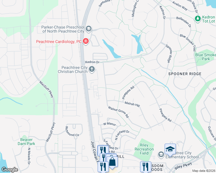 map of restaurants, bars, coffee shops, grocery stores, and more near 600 Magnolia Lane in Peachtree City