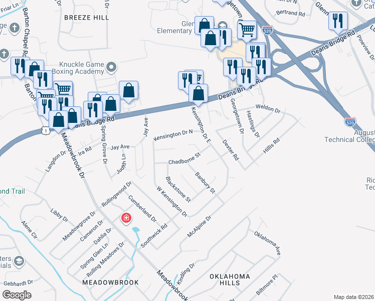 map of restaurants, bars, coffee shops, grocery stores, and more near 3407 Arden Court in Augusta
