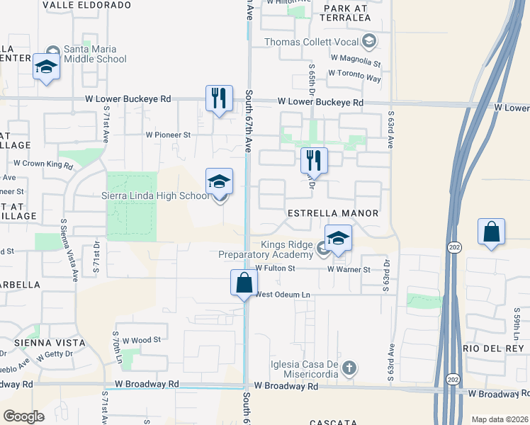map of restaurants, bars, coffee shops, grocery stores, and more near 6629 West Superior Avenue in Phoenix
