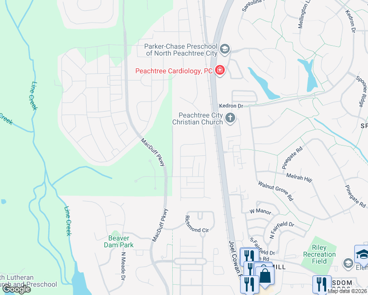 map of restaurants, bars, coffee shops, grocery stores, and more near 230 Widener Way in Peachtree City