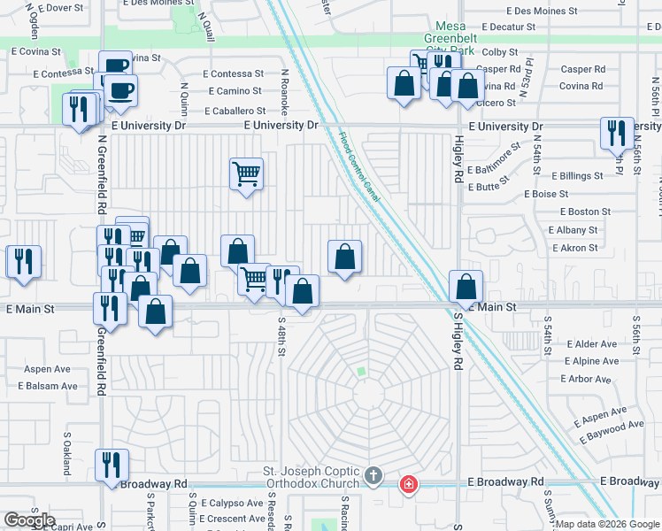 map of restaurants, bars, coffee shops, grocery stores, and more near Mobile Home Park in Mesa