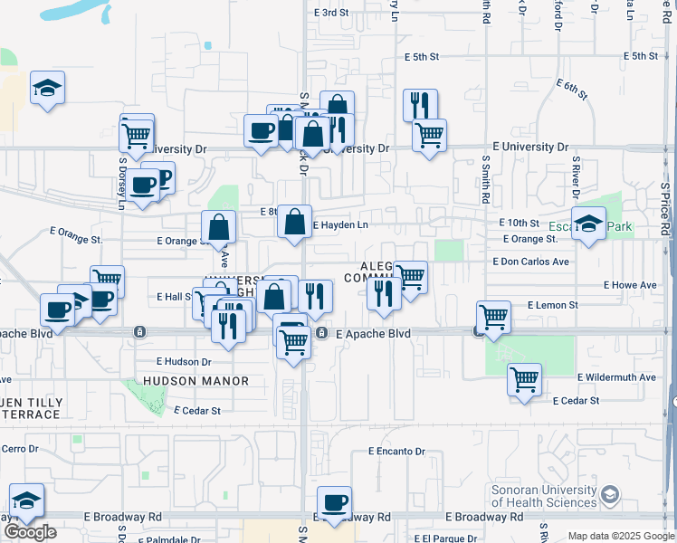 map of restaurants, bars, coffee shops, grocery stores, and more near 1825 East Don Carlos in Tempe