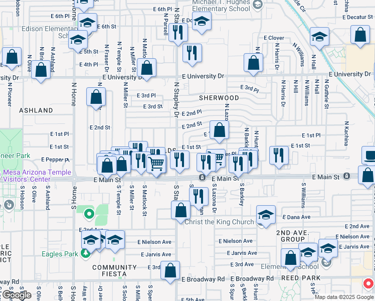 map of restaurants, bars, coffee shops, grocery stores, and more near 1235 East 1st Street in Mesa