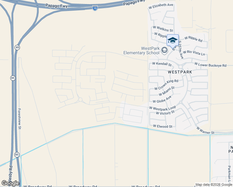 map of restaurants, bars, coffee shops, grocery stores, and more near 26093 West Miami Street in Buckeye