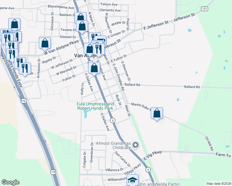 map of restaurants, bars, coffee shops, grocery stores, and more near 206 Houston Street in Van Alstyne