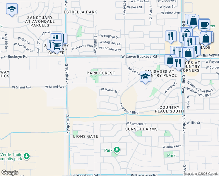 map of restaurants, bars, coffee shops, grocery stores, and more near 10406 West Miami Street in Tolleson