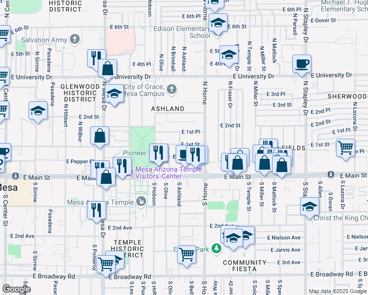 map of restaurants, bars, coffee shops, grocery stores, and more near 715 East 1st Street in Mesa