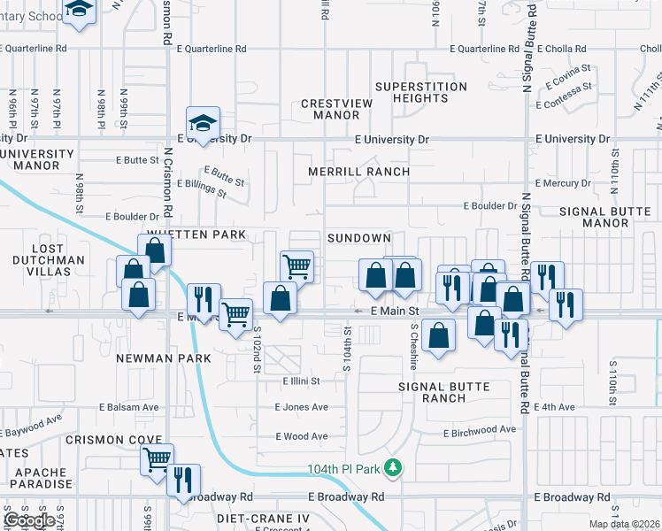 map of restaurants, bars, coffee shops, grocery stores, and more near 10337 East Akron Street in Apache Junction