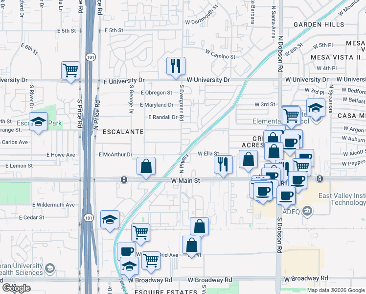 map of restaurants, bars, coffee shops, grocery stores, and more near 2540 East McArthur Drive in Tempe