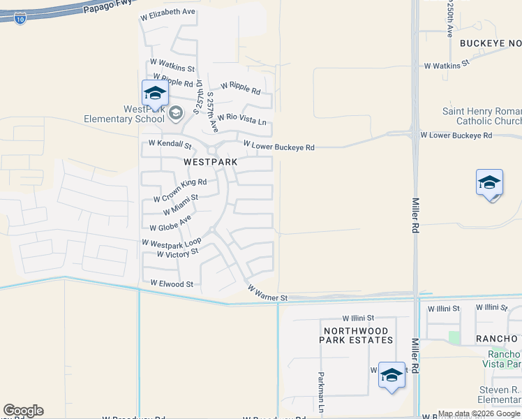 map of restaurants, bars, coffee shops, grocery stores, and more near 25550 West Pioneer Street in Buckeye