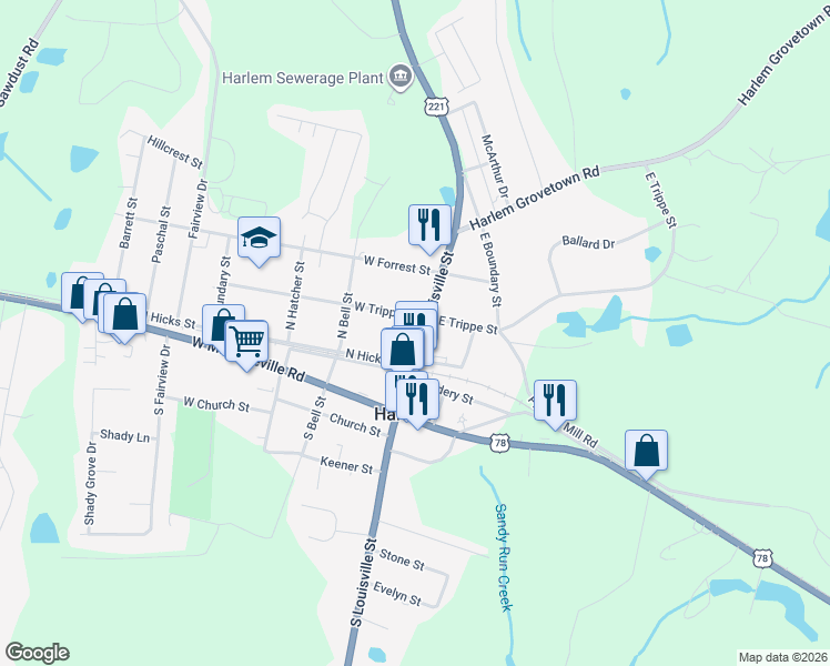 map of restaurants, bars, coffee shops, grocery stores, and more near 250 North Louisville Street in Harlem