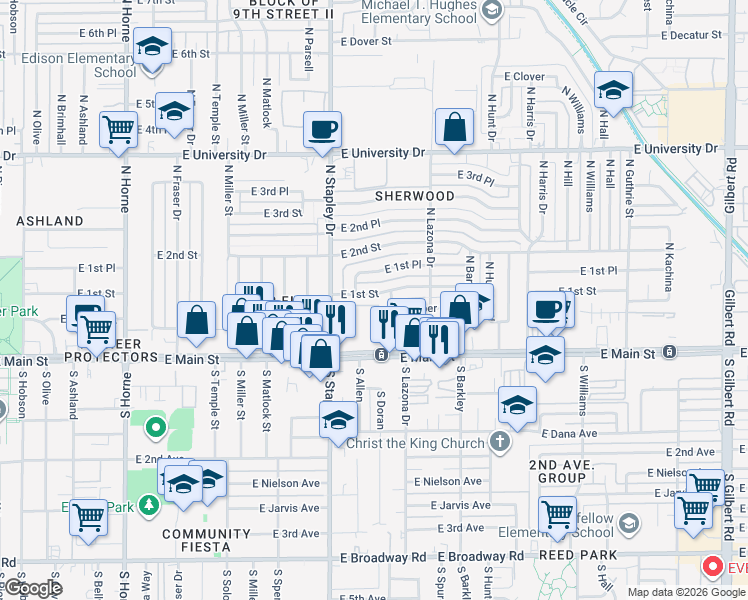 map of restaurants, bars, coffee shops, grocery stores, and more near 1235 East 1st Street in Mesa