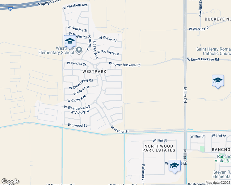 map of restaurants, bars, coffee shops, grocery stores, and more near 25550 West Pioneer Street in Buckeye