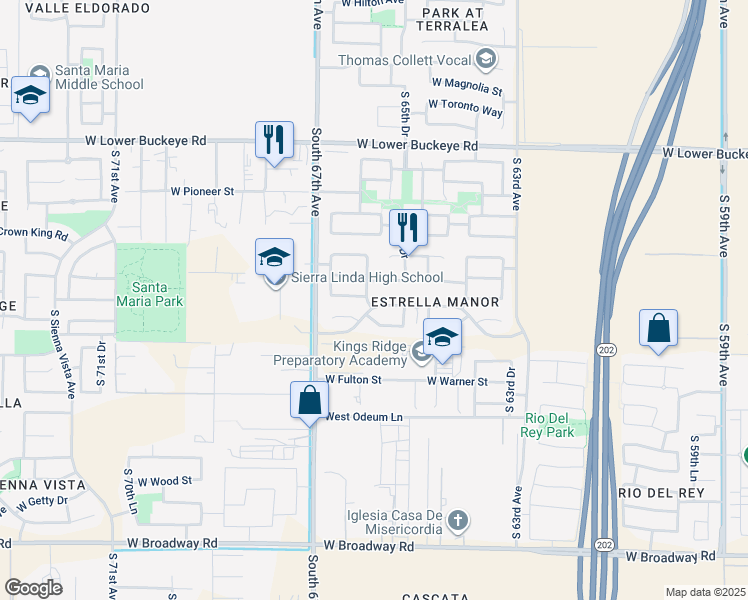 map of restaurants, bars, coffee shops, grocery stores, and more near 6542 West Elwood Street in Phoenix