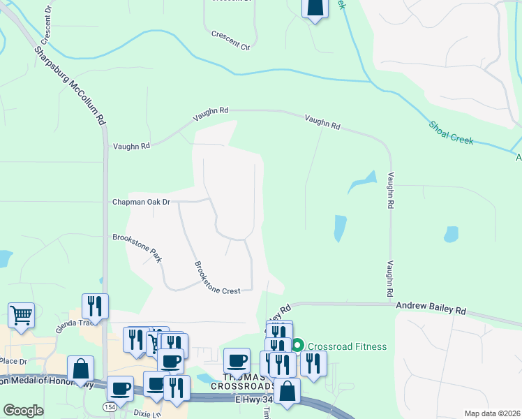 map of restaurants, bars, coffee shops, grocery stores, and more near 245 Mossy Hollow in Newnan