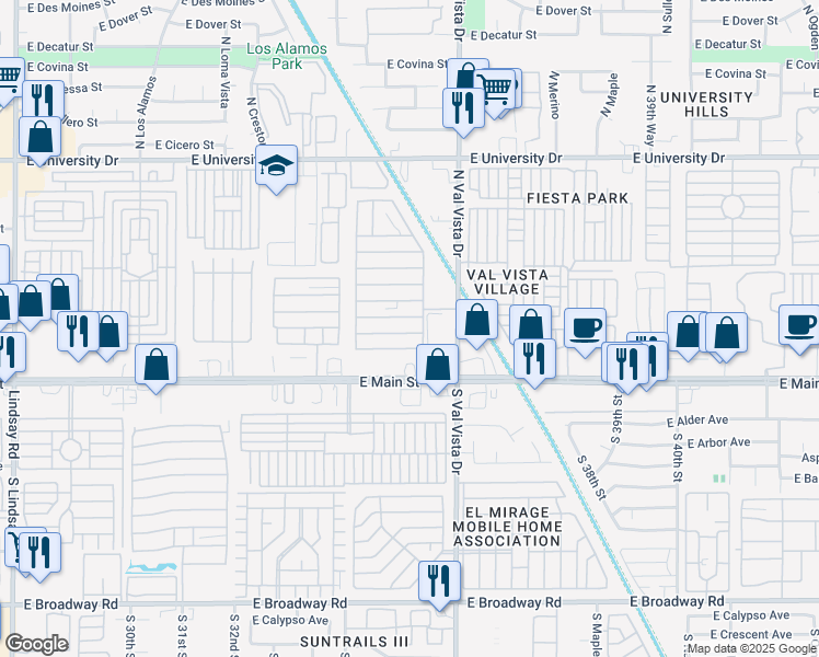 map of restaurants, bars, coffee shops, grocery stores, and more near 120 North Val Vista Drive in Mesa