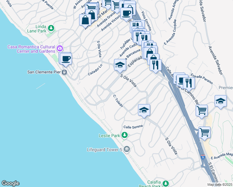 map of restaurants, bars, coffee shops, grocery stores, and more near 229 West Paseo De Cristobal in San Clemente