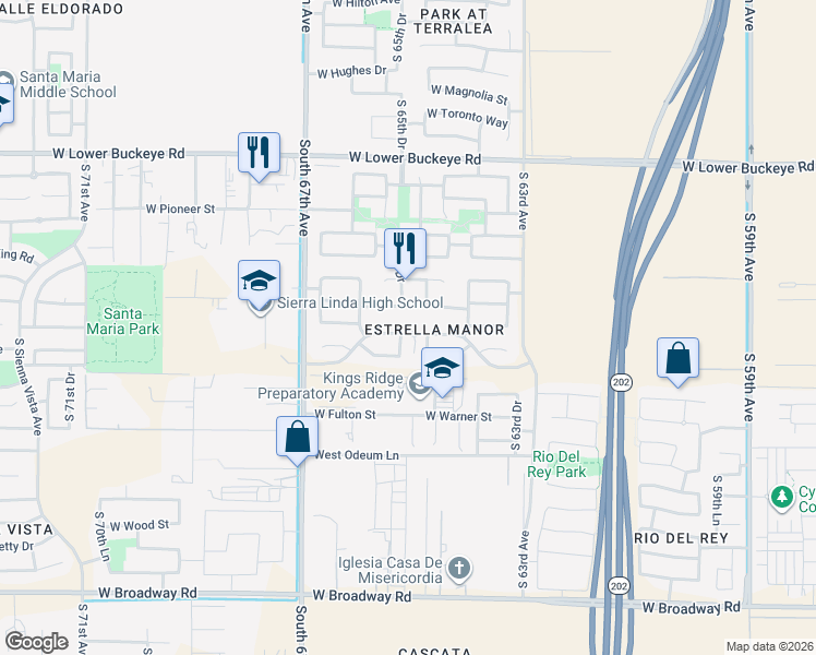 map of restaurants, bars, coffee shops, grocery stores, and more near 6502 West Elwood Street in Phoenix