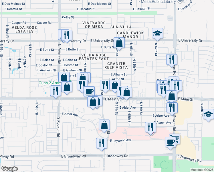 map of restaurants, bars, coffee shops, grocery stores, and more near 6322 East Avalon Street in Mesa