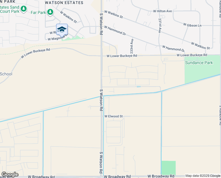 map of restaurants, bars, coffee shops, grocery stores, and more near 23345 West Pioneer Street in Buckeye