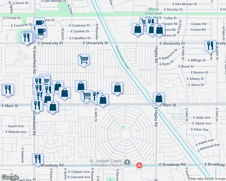 map of restaurants, bars, coffee shops, grocery stores, and more near Mobile Home Park in Mesa