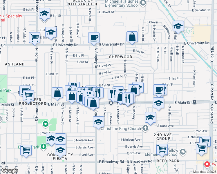 map of restaurants, bars, coffee shops, grocery stores, and more near 1235 East 1st Street in Mesa
