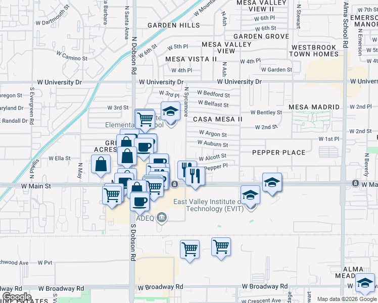 map of restaurants, bars, coffee shops, grocery stores, and more near 113 North Sycamore in Mesa