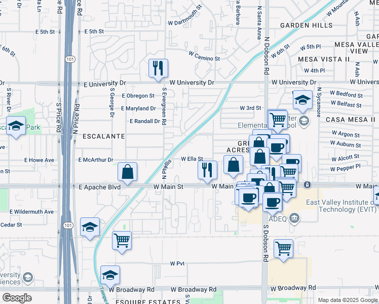 map of restaurants, bars, coffee shops, grocery stores, and more near 2244 West Ella Street in Mesa
