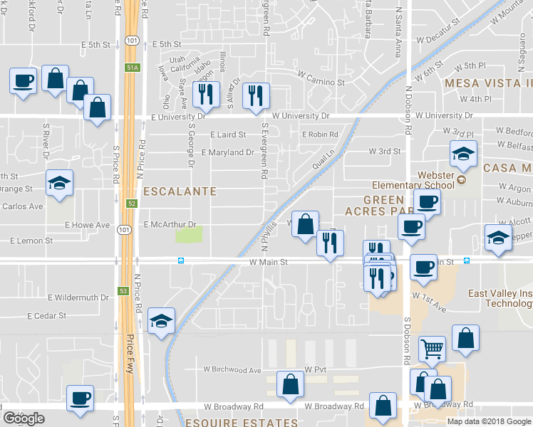 map of restaurants, bars, coffee shops, grocery stores, and more near 2540 East McArthur Drive in Tempe