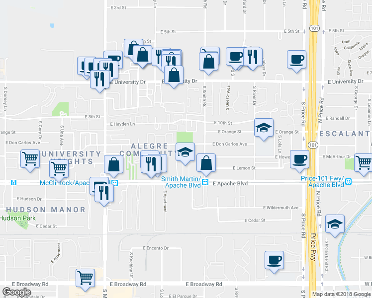 map of restaurants, bars, coffee shops, grocery stores, and more near 1969 East Don Carlos in Tempe