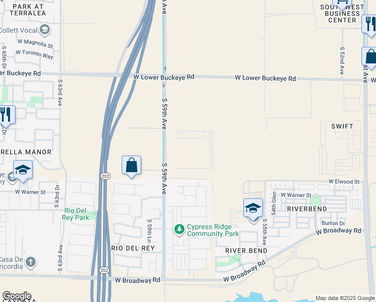 map of restaurants, bars, coffee shops, grocery stores, and more near 2801-3595 South 59th Avenue in Phoenix