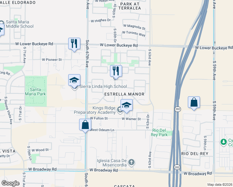 map of restaurants, bars, coffee shops, grocery stores, and more near 6502 West Elwood Street in Phoenix