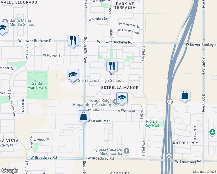 map of restaurants, bars, coffee shops, grocery stores, and more near 6502 West Elwood Street in Phoenix