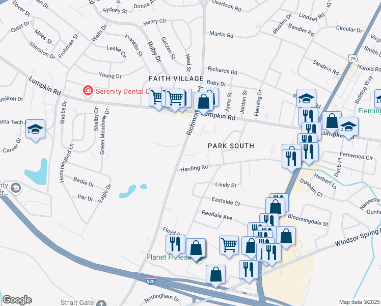 map of restaurants, bars, coffee shops, grocery stores, and more near 2950 Richmond Hill Road in Augusta
